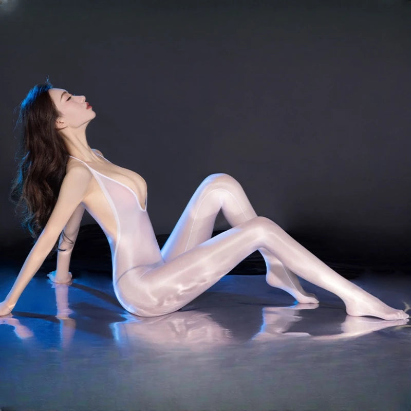 Women Sex Clothes Oil Shiny Halter Backless Full Body Stockings Erotic Open Crotch Bodysuit Jumpsuit Black Cosplay Costumes