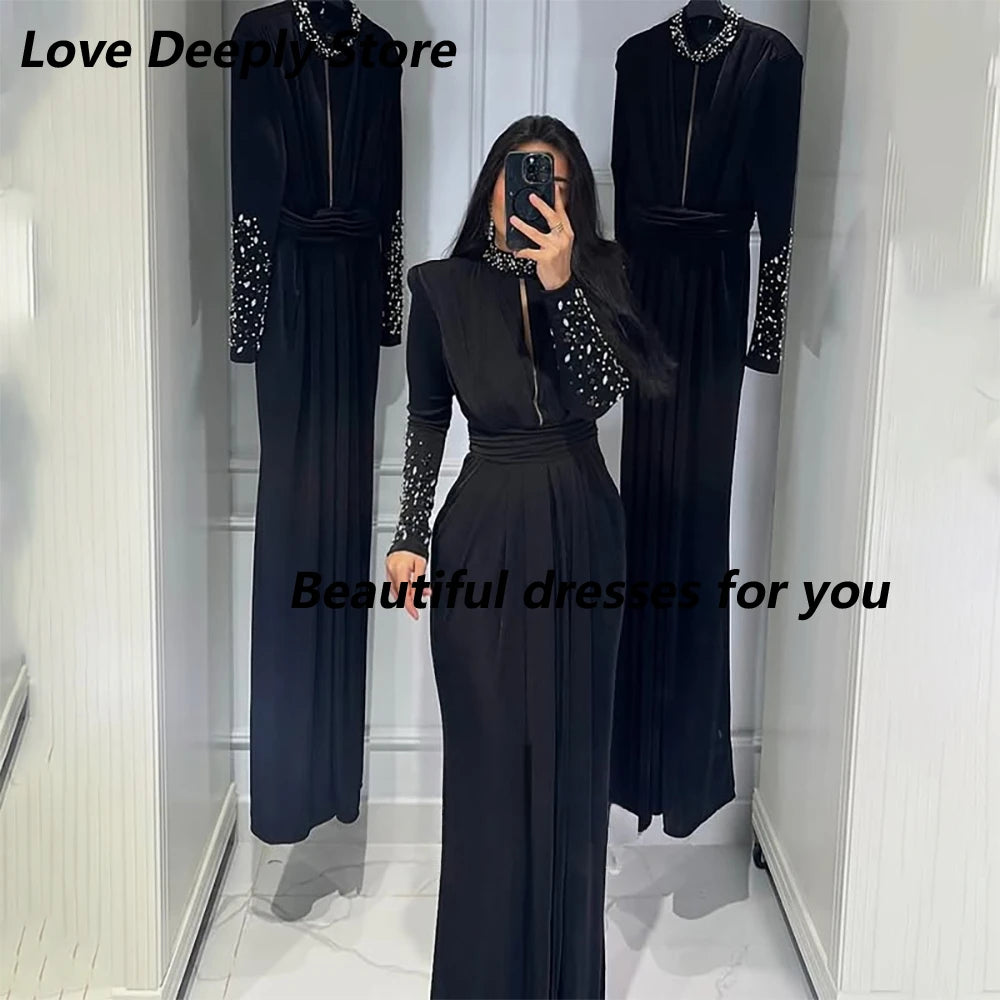 Black Prom Dress High Neck Bead Long Sleeves Luxury Evening Gowns Floor Length Slit Trumpet Formal Party Dresses Customized