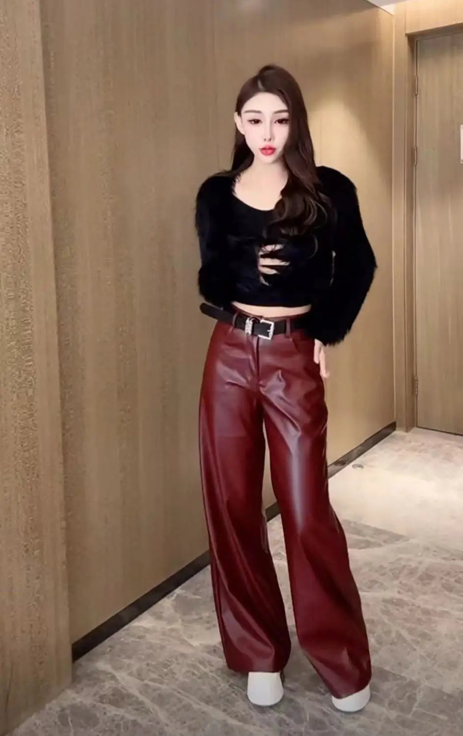 Womens Clothes Black PU leather Pants Women Casual Fashion Streetwear Gothic High Waist Flare leggings Trousers Womens Pants