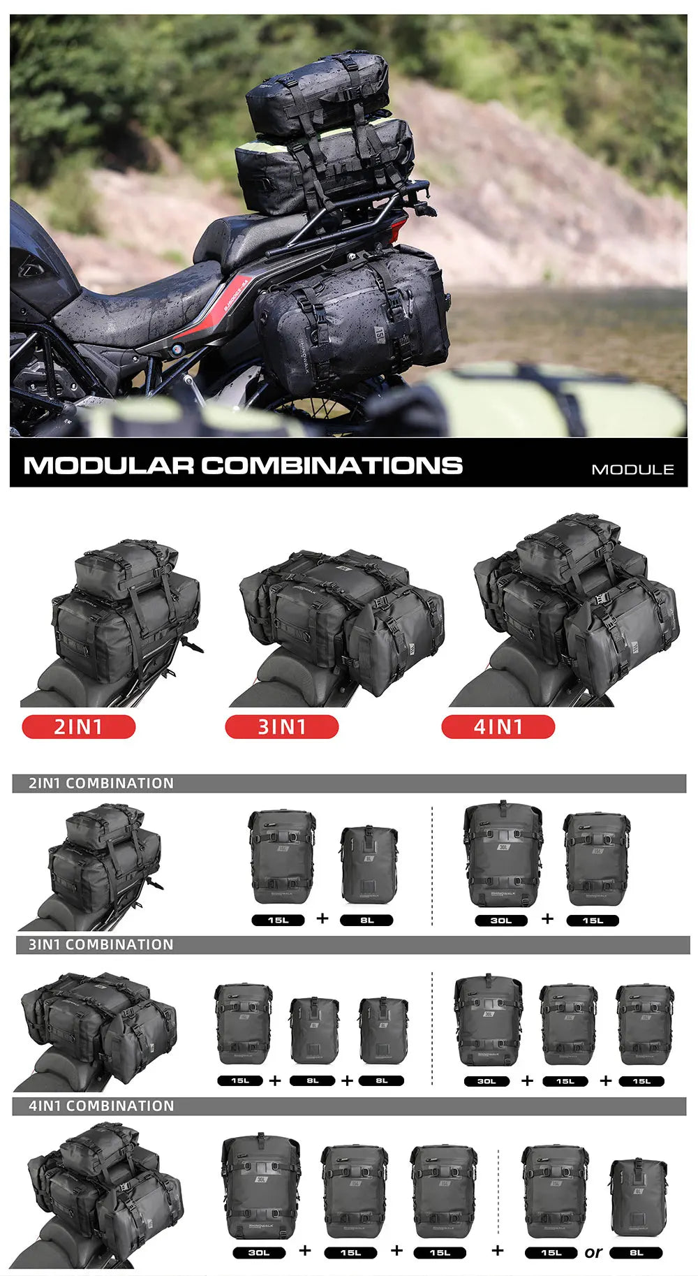 Rhinowalk Motorcycle Tail Bag 100%Waterproof Cycling Backpack 8L 15L 30L Motor Side Saddle Pack Travel Luggage Box Accessories