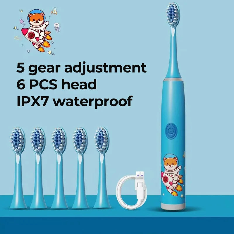 USB Sonic Child Electric Toothbrush Rechargeable Colorful Cartoon Brush Kids Automatic IPX7 Waterproof With Replacement Heads