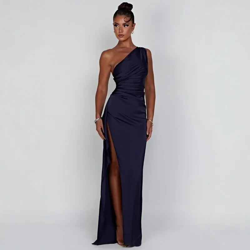 New women's one shoulder sloping collar backless slit satin pleated elegant cocktail party evening prom dress