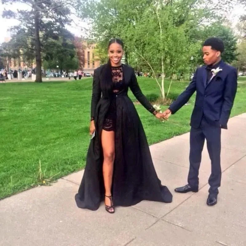 Hot Black Prom Dresses Two Pieces Jewel Neck Lace Short Dress With Detached Long Sleeve Taffeta Jacket Evening Dresse Customized
