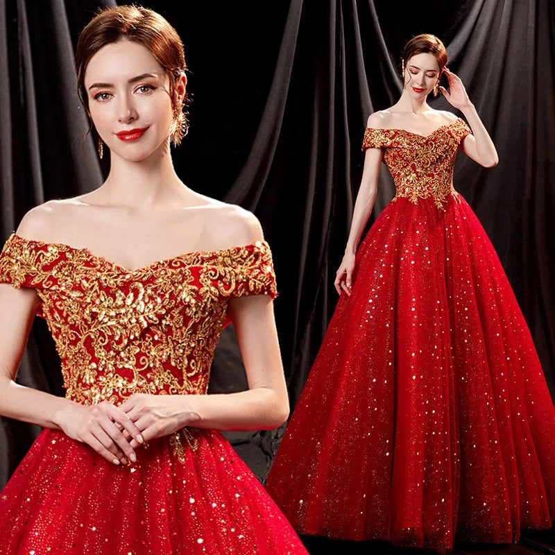 Prom Dress Red Bride Wedding Toast Solo Stage Performance Evening Dress New Style Brilliant Gilded Spring