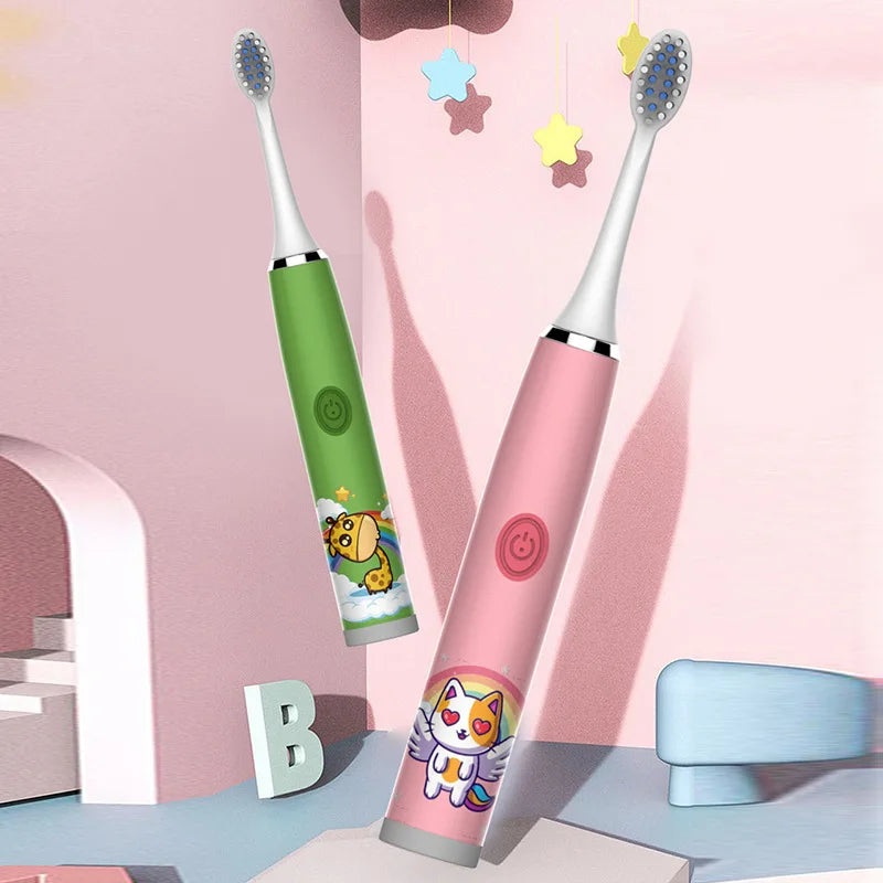 USB Sonic Child Electric Toothbrush Rechargeable Colorful Cartoon Brush Kids Automatic IPX7 Waterproof With Replacement Heads