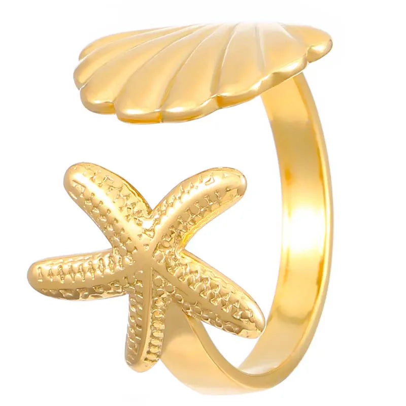 Stainless Steel Shell Finger Rings for Women Men Fashion Gold Color Starfish Opening Adjustable Rings Party Jewelry Accessories