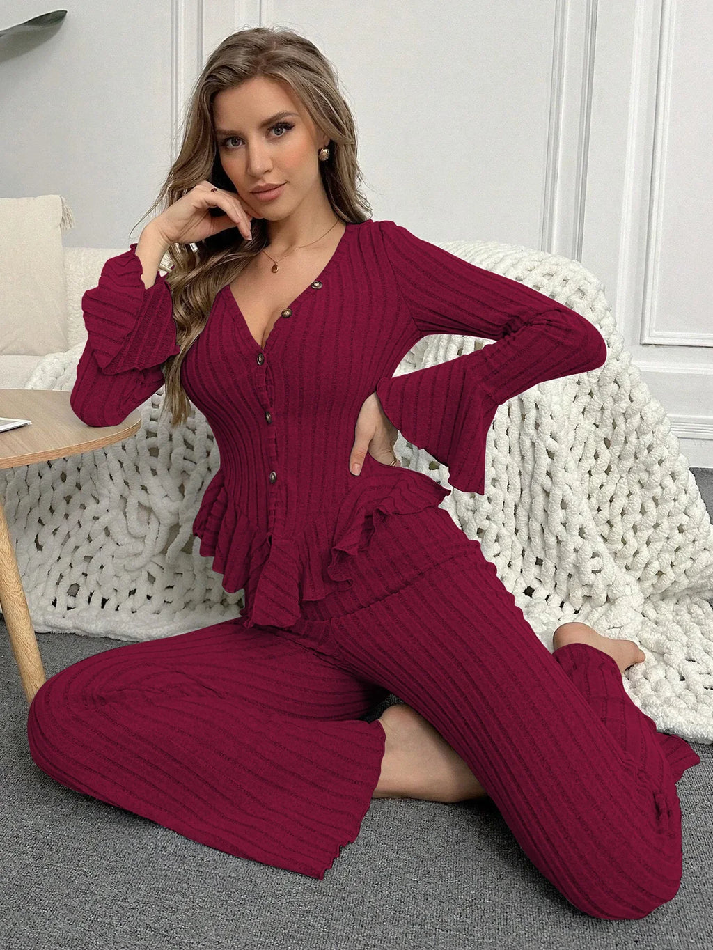 Women Sleepwear Autumn Winter Sexy Pajamas Sets Two Pieces V Neck Long Sleeve Tops and Trousers Set Loungewear Home Clothes