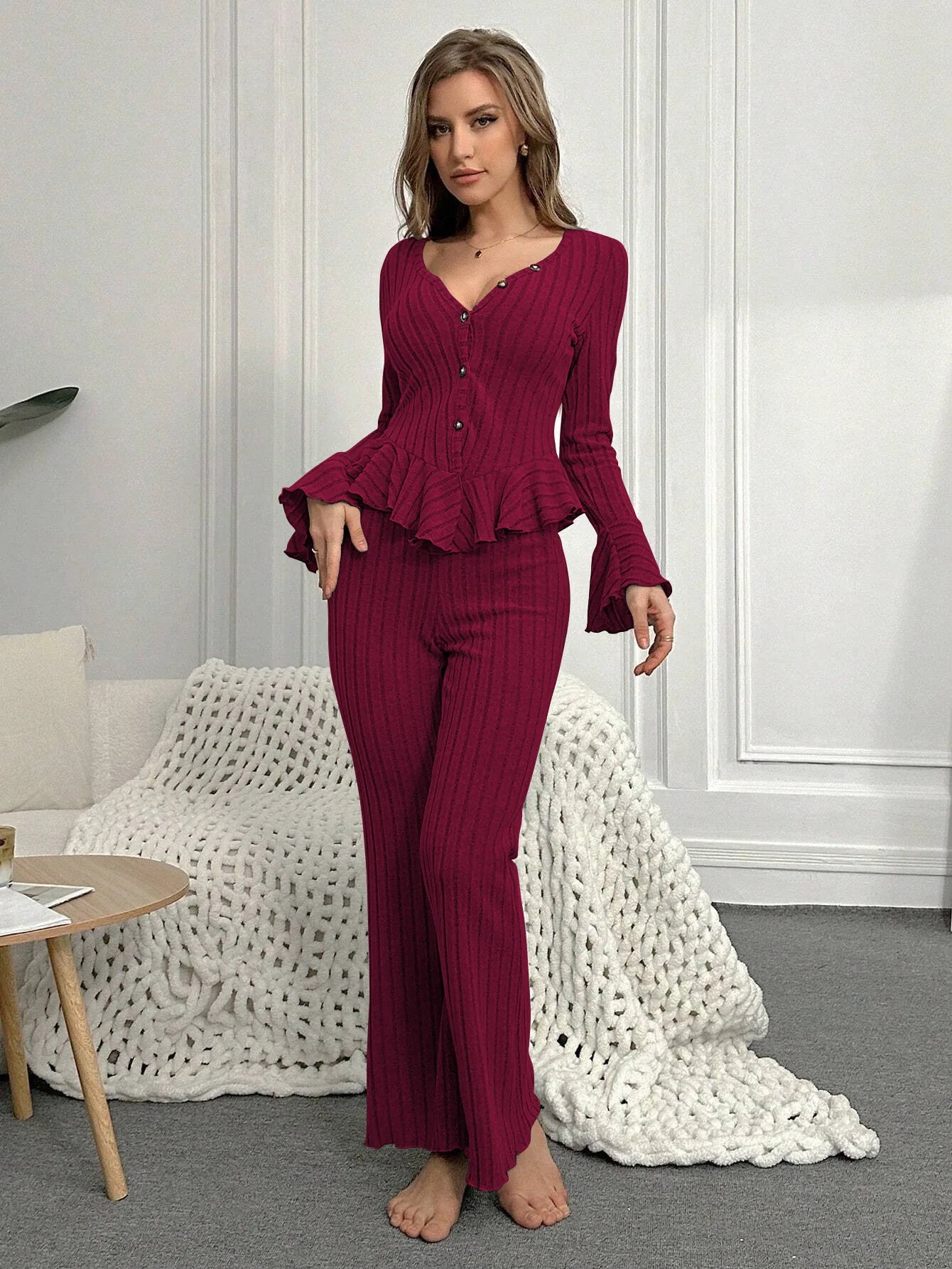 Women Sleepwear Autumn Winter Sexy Pajamas Sets Two Pieces V Neck Long Sleeve Tops and Trousers Set Loungewear Home Clothes