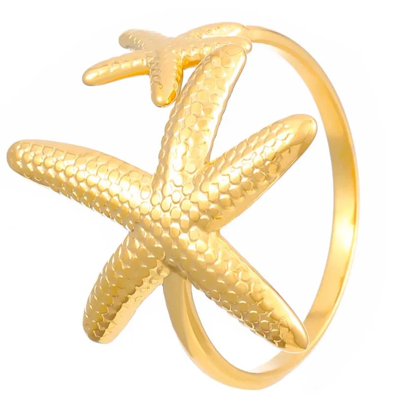 Stainless Steel Shell Finger Rings for Women Men Fashion Gold Color Starfish Opening Adjustable Rings Party Jewelry Accessories
