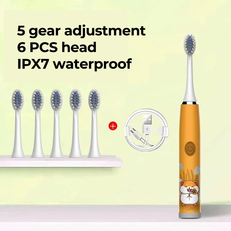 USB Sonic Child Electric Toothbrush Rechargeable Colorful Cartoon Brush Kids Automatic IPX7 Waterproof With Replacement Heads