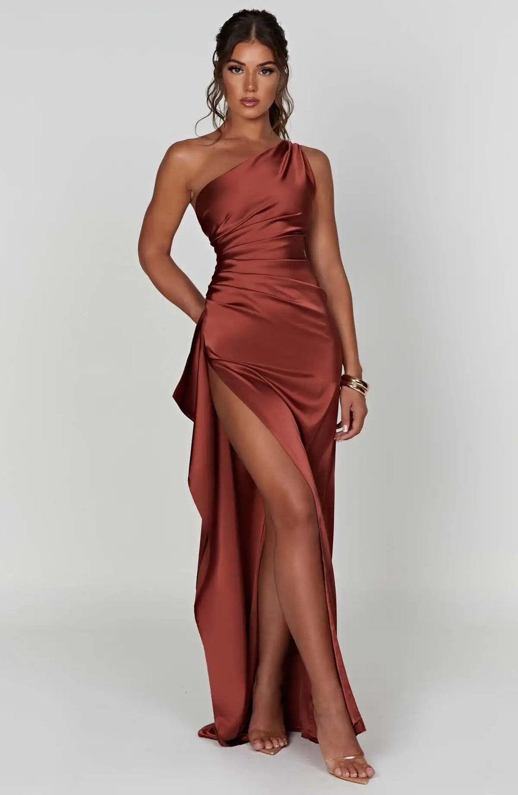 New women's one shoulder sloping collar backless slit satin pleated elegant cocktail party evening prom dress