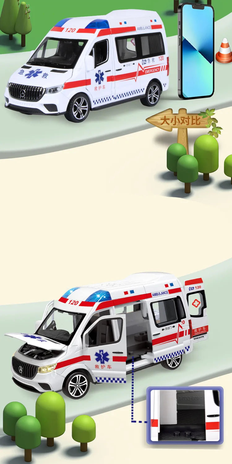 1:24 Ambulance Car Toys Alloy Car Model Diecast Metal Police Ambulance Sound Light Simulation Collectible Model Car Kids Gifts