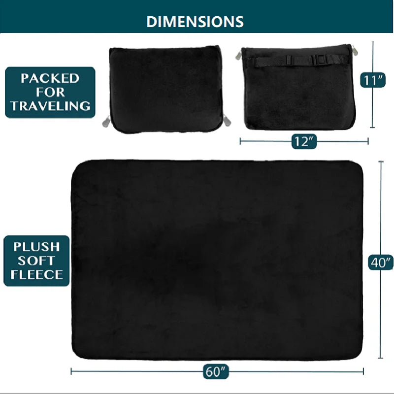 Travel Blanket and Pillow,Clip On Buckle, Warm Soft Fleece 2-in-1 Combo Blanket for Airplane,Camping,Car,Large Compact Blanket