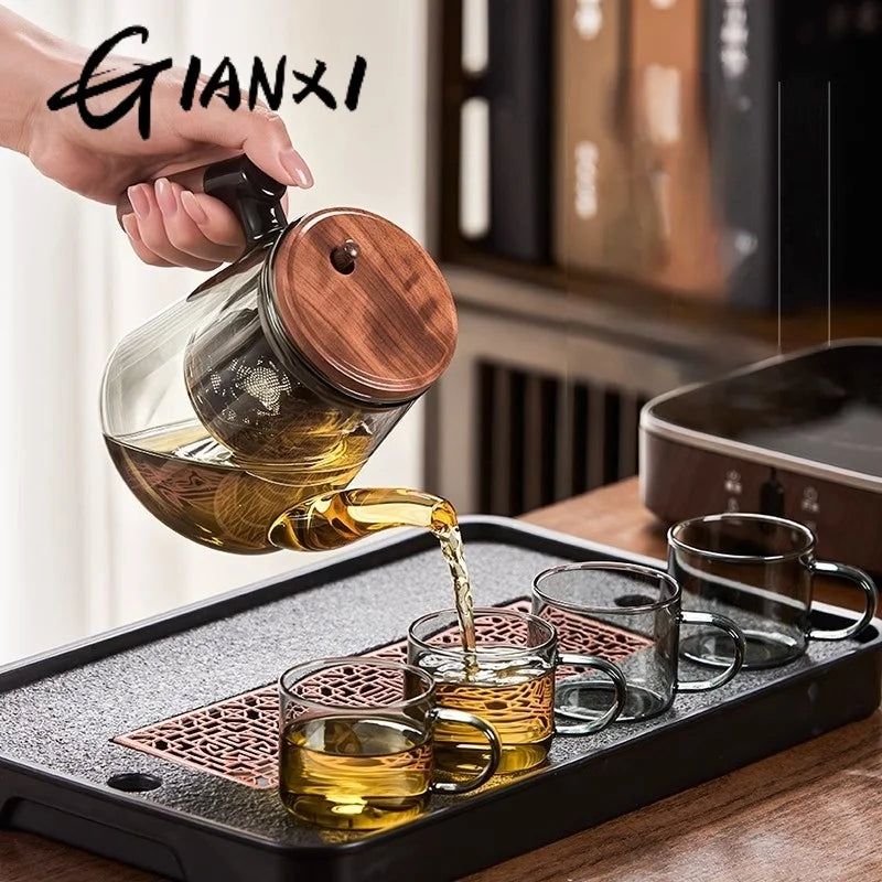 GIANXI Wooden Handle Flowing Teapot Tea Separation Cup Full Glass Inner Bubble Teapot Household Press Filter Tea Set Tea Cup