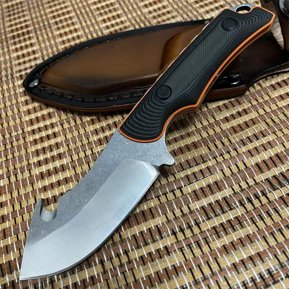 Hunting knife EDC Outdoor Fixed Blade Hunting Knife, G10 Anti-slip Handle with Cowhide Sheath, for Tactical Camping Hiking Tool