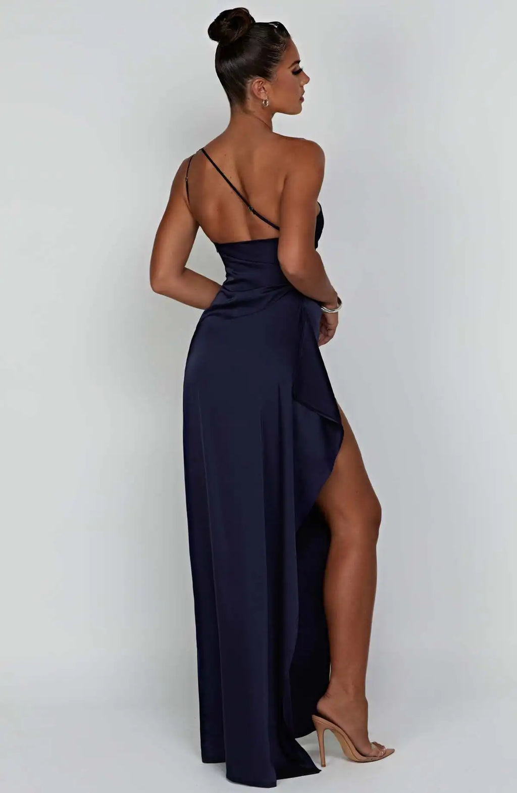 New women's one shoulder sloping collar backless slit satin pleated elegant cocktail party evening prom dress