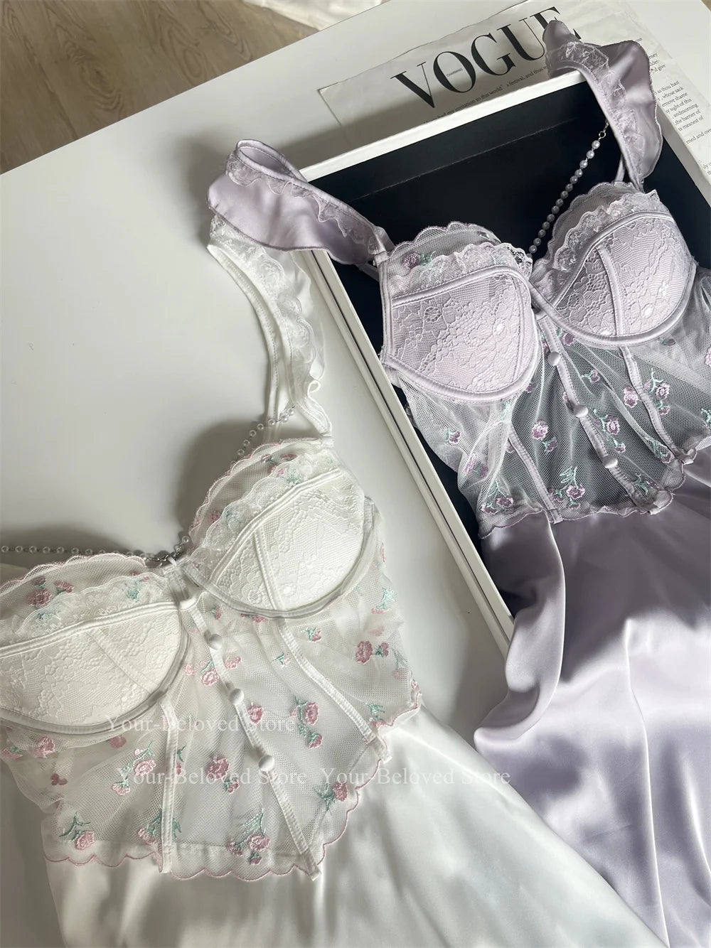 Women Home Clothes Sleeping Nightdress White Nightgown Silk Satin Lingerie Embroider Flower Chemise Lingerie Summer Robe Suit