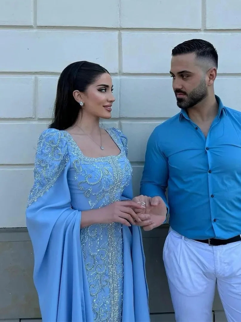 Prom Dress فستان سهرة نسائي Square Neck Long Sleeve Satin Formal Classic Occasion Evening Gown Islamic فساتين مناسبة حسب الطلب