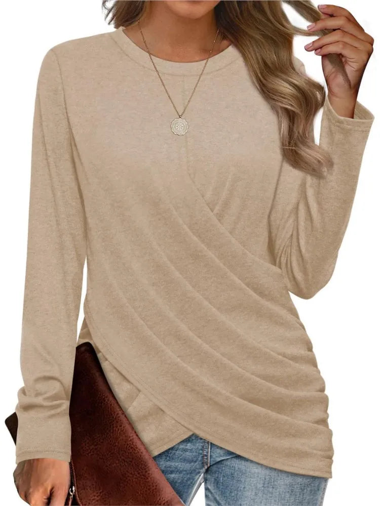 Women's Clothing 2024 Autumn Winter New Solid Color T-shirt Casual Round Neck Cross Pleated Loose Long Sleeved Top