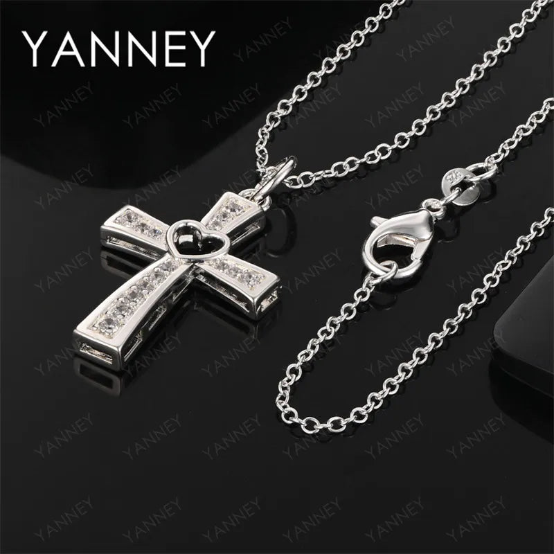 925 Sterling Silver 16-30 Inch Luxury Women's Heart Shape Hollow Cross Necklace Elegant Party Wedding Fashion Gift
