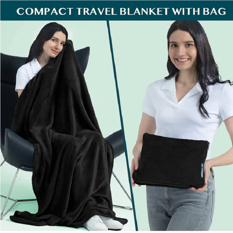 Travel Blanket and Pillow,Clip On Buckle, Warm Soft Fleece 2-in-1 Combo Blanket for Airplane,Camping,Car,Large Compact Blanket