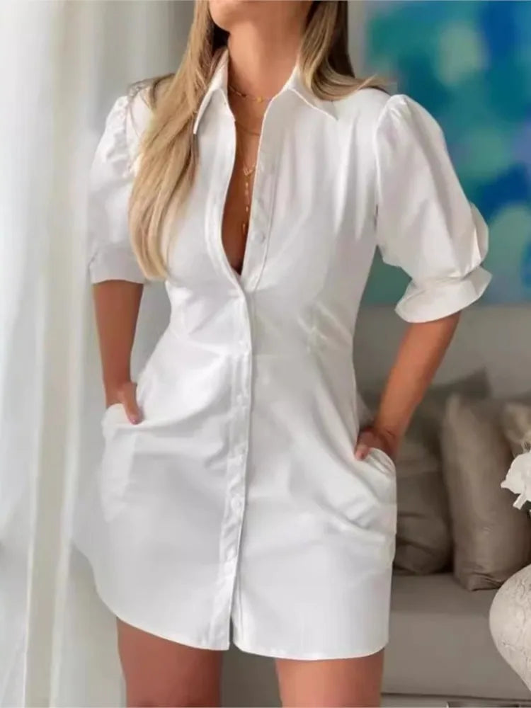 Women's Elegant White Blouses Dress Turn-down Collar Mini Dress Casual Office High Waist Slim Dresses Women Clothes Summer New