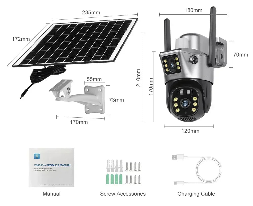 Tahlitech Solar Camera 4G Sim Card Wifi  Dual Lens WiFi 8MP 4K IP Camara Solar Panel CCTV Security Built in Battery PIR Cam V380