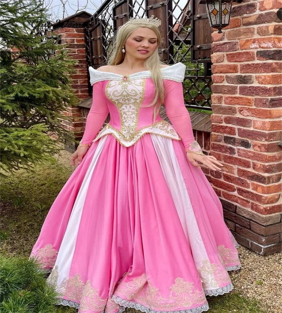 Cinderalle Hot Pink Prom Dress Costume 1860s Cosplay Evening Dress Appliques Long Sleeve Victorian Aesthetic Party Customized