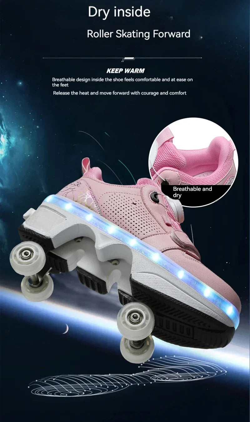 Latest  Boys  Teens Street Roller Shoes Double Wheel Casual Running Shoes  Indoor And Outdoor Beginners Parkour Skate Shoes