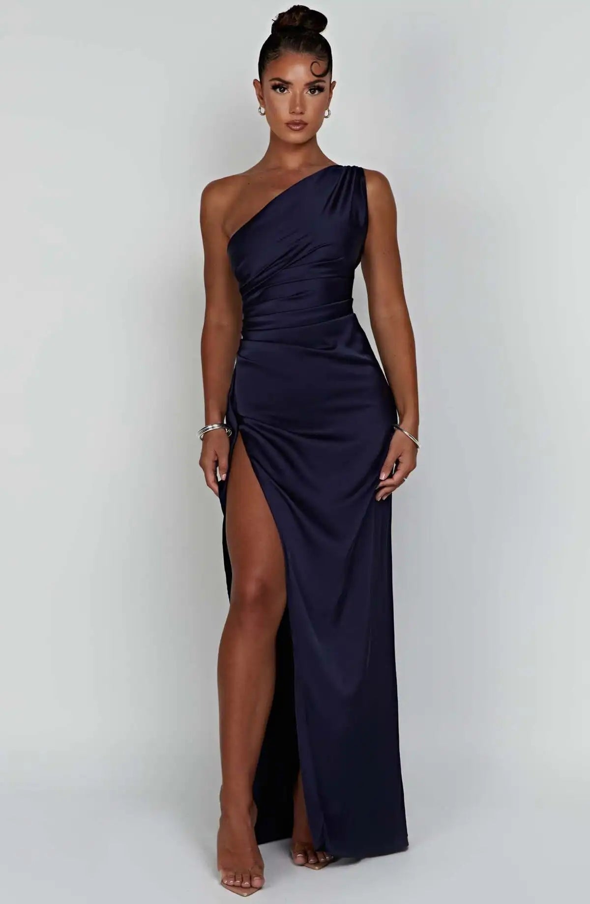 New women's one shoulder sloping collar backless slit satin pleated elegant cocktail party evening prom dress