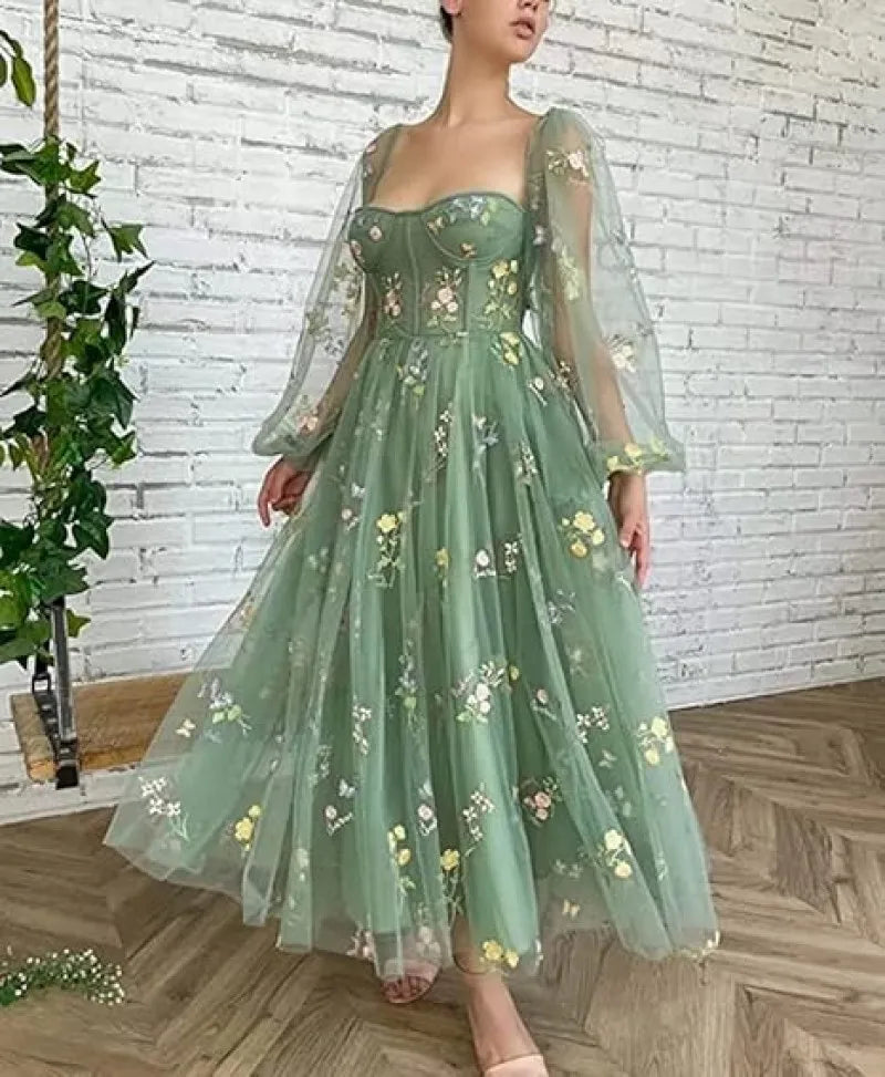 BABYONLINE Prom Dresses Jungle Fairy Ball Party Puffy Sleeve Lace Embroidery Tulle Formal Evening Gown Elegant Tea Lengt Robe