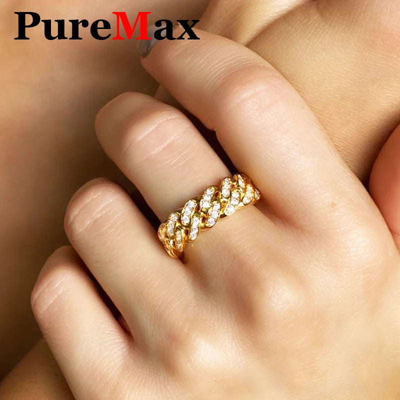 PureMax Hip Hop Full Moissanite Cuban Ring 18k Gold Plated For Men 925 Sterling Silver Wedding Diamond Ring Fine Jewelry Gift