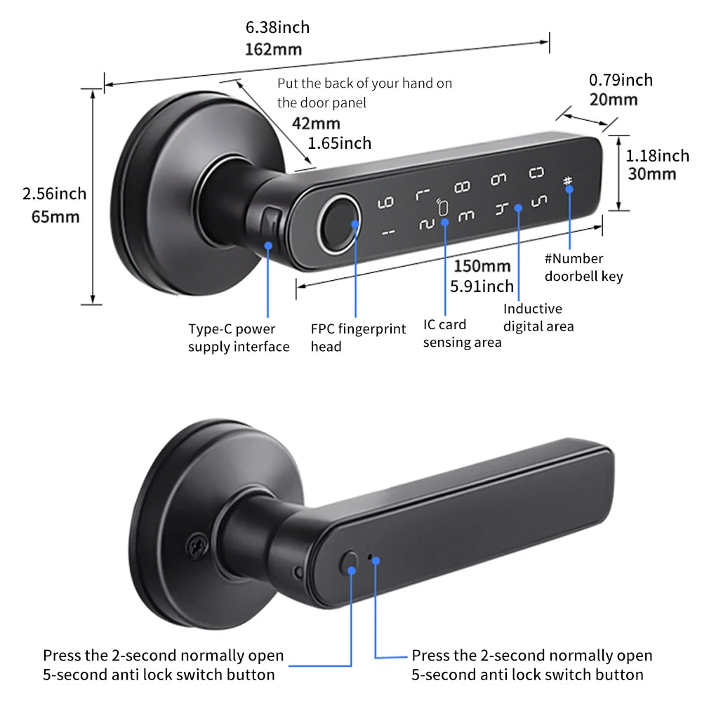 Tuya SmartLife APP BLE Smart Fingerprint Lock Password RFID IC Card Lock Handle Dead Bolt Home Wooden Metal Door Handle Latch