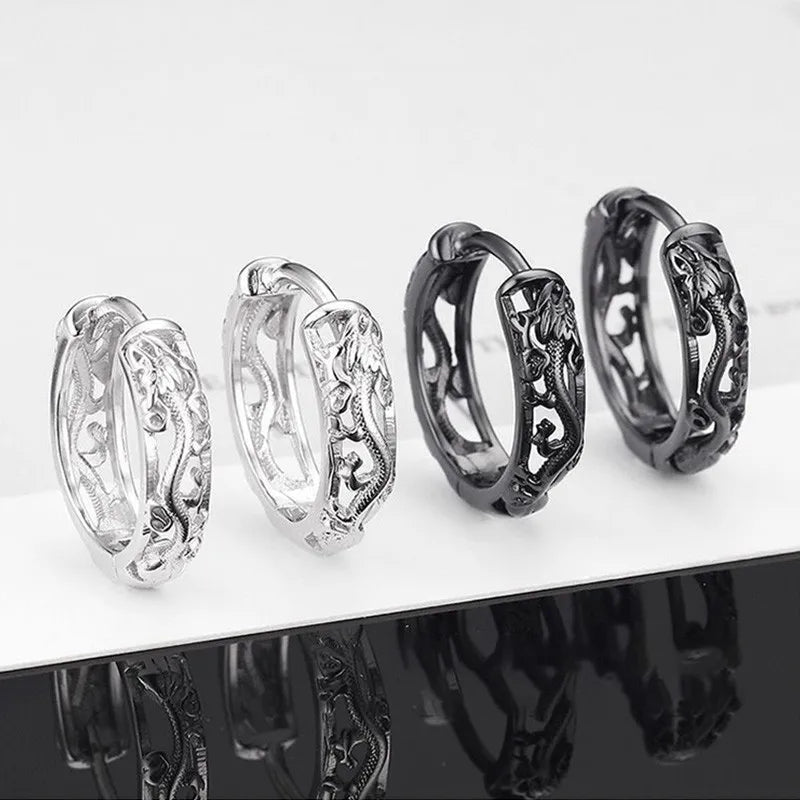 1 Pair Punk Hollow Dragon Carved Ear Buckle Earrings for Men/Women Black Color Hip Hop Street Popular Fashion Cool Ear Jewelry