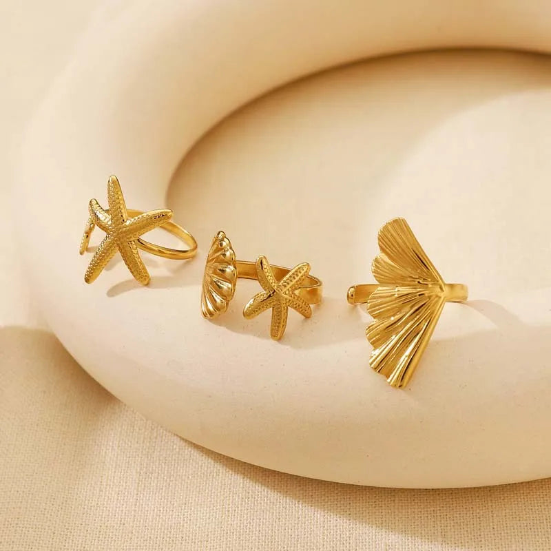 Stainless Steel Shell Finger Rings for Women Men Fashion Gold Color Starfish Opening Adjustable Rings Party Jewelry Accessories