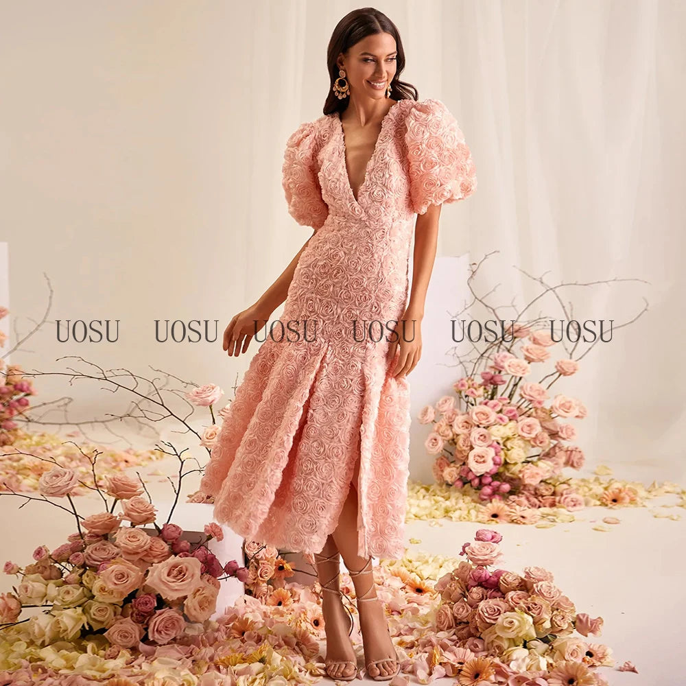Pink Prom Dresses 2025 3D Rose Flowers Luxury Mermaid Cocktail Gown Midi Half Puff Sleeves V Neck Tea Length Sweetie Party Dress