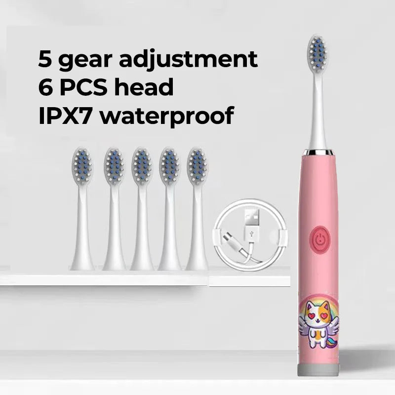 USB Sonic Child Electric Toothbrush Rechargeable Colorful Cartoon Brush Kids Automatic IPX7 Waterproof With Replacement Heads