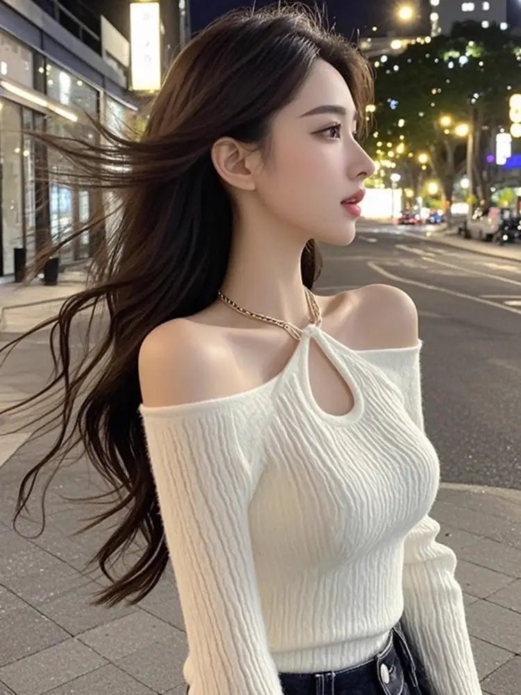 women clothes Spring Autumn Fashion Sexy All-match fashionable Hollow Out Solid color slash neck Female Appear thin Pure Desire