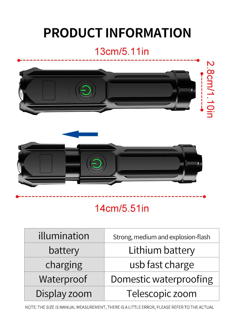 Portable LED Flashlight Strong Light Focusing Flashlight 18650 USB Rechargeable Outdoor Home Strong Light Searchlight Waterproof