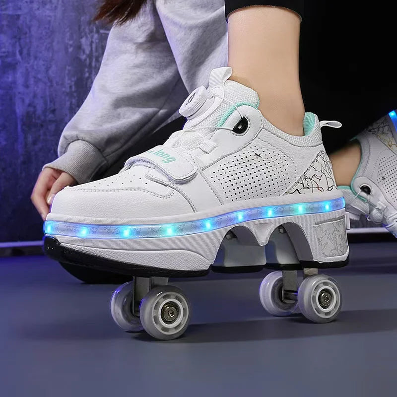 Latest  Boys  Teens Street Roller Shoes Double Wheel Casual Running Shoes  Indoor And Outdoor Beginners Parkour Skate Shoes