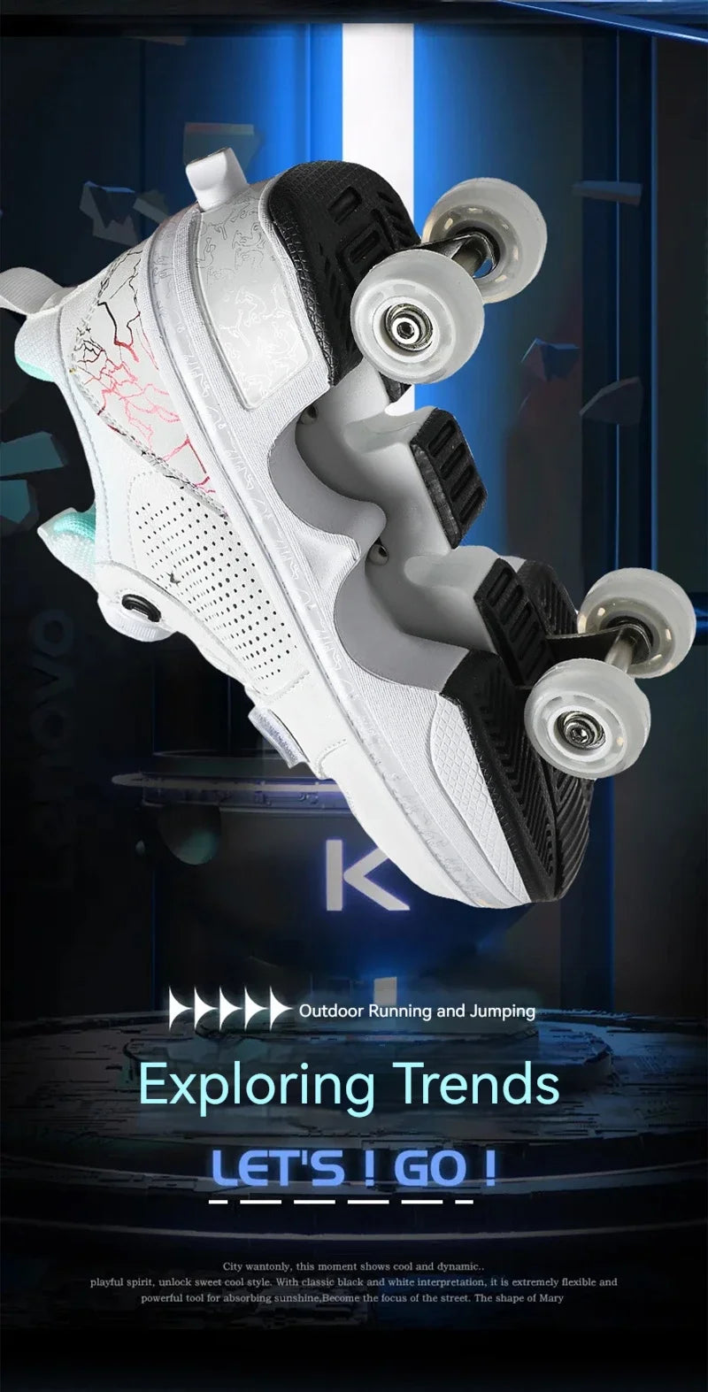 Latest  Boys  Teens Street Roller Shoes Double Wheel Casual Running Shoes  Indoor And Outdoor Beginners Parkour Skate Shoes