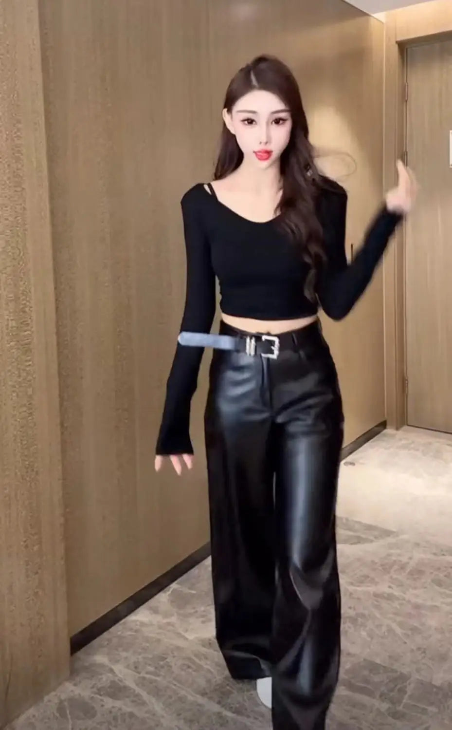 Womens Clothes Black PU leather Pants Women Casual Fashion Streetwear Gothic High Waist Flare leggings Trousers Womens Pants