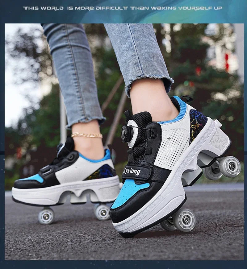 Latest  Boys  Teens Street Roller Shoes Double Wheel Casual Running Shoes  Indoor And Outdoor Beginners Parkour Skate Shoes
