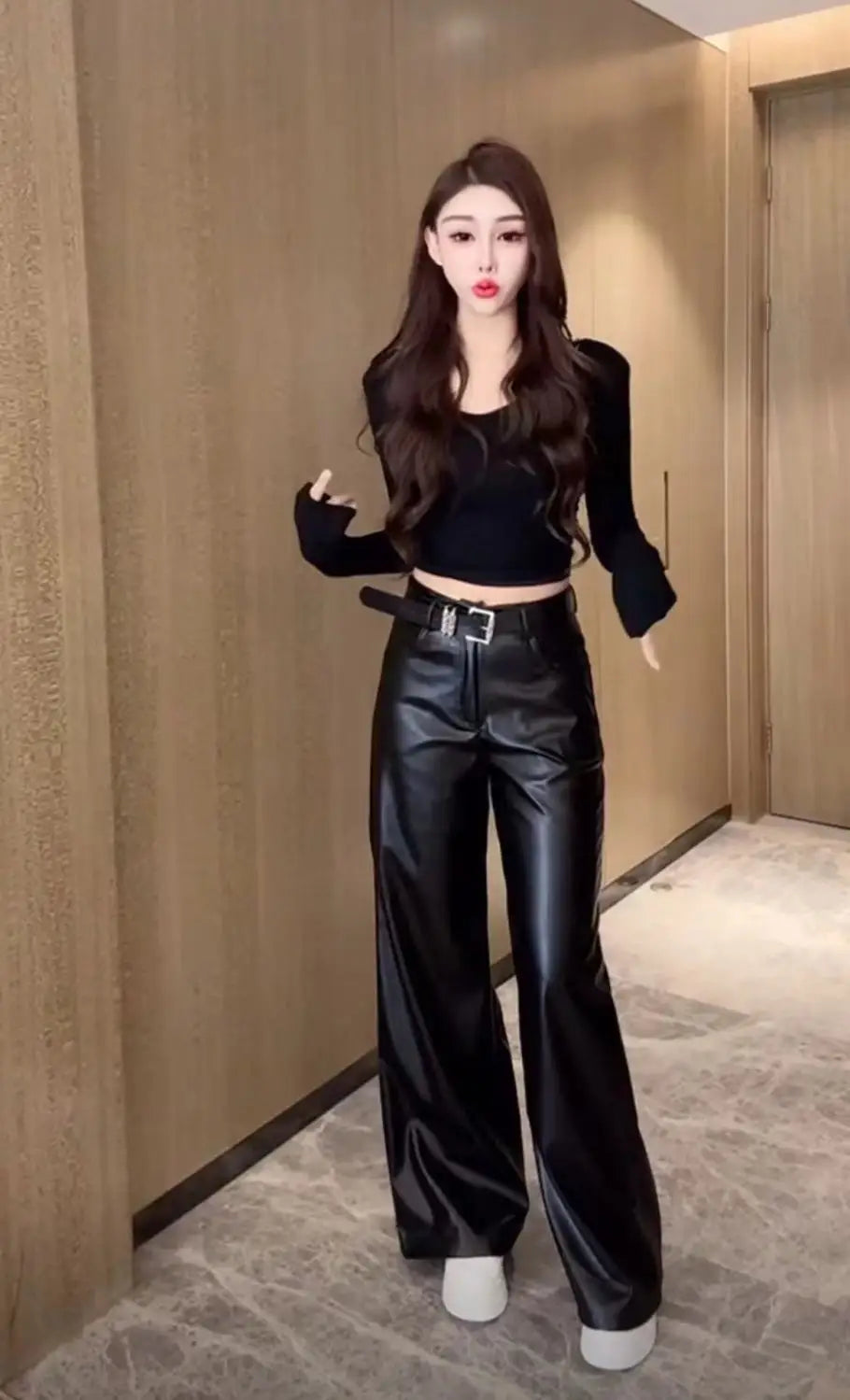 Womens Clothes Black PU leather Pants Women Casual Fashion Streetwear Gothic High Waist Flare leggings Trousers Womens Pants