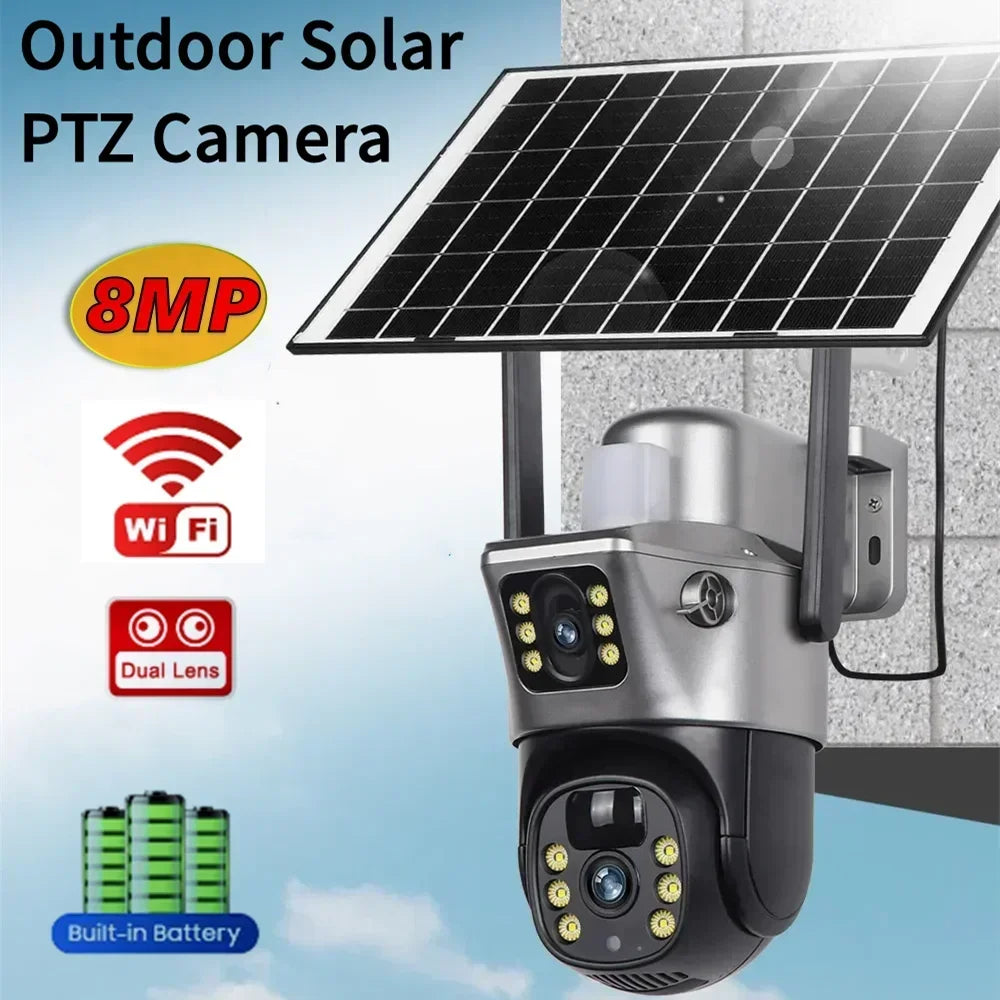 Tahlitech Solar Camera 4G Sim Card Wifi  Dual Lens WiFi 8MP 4K IP Camara Solar Panel CCTV Security Built in Battery PIR Cam V380