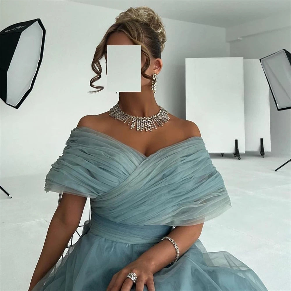 Customized Prom Dresses Exquisite Off-the-shoulder Ball Gown Celebrity  Tulle Draped Organza Occasion Evening   robe de soirée f