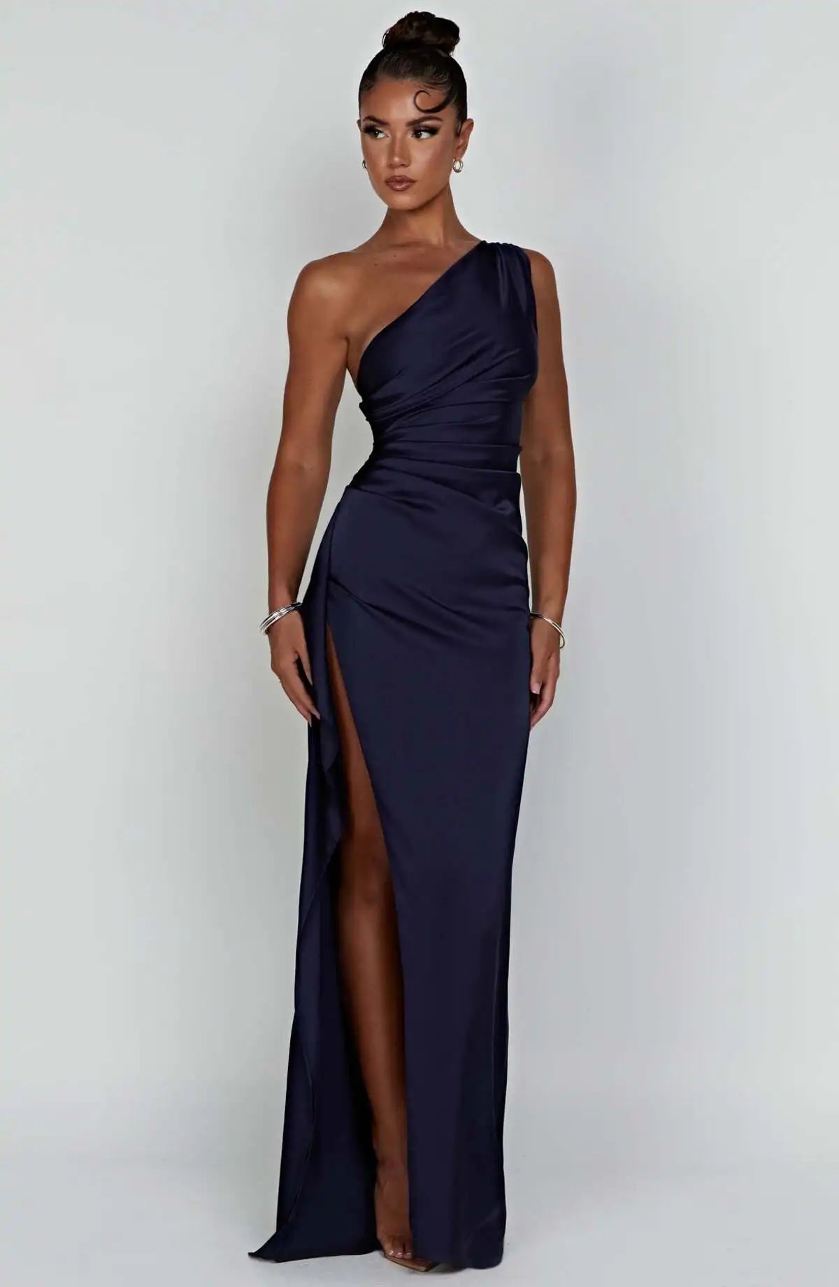 New women's one shoulder sloping collar backless slit satin pleated elegant cocktail party evening prom dress