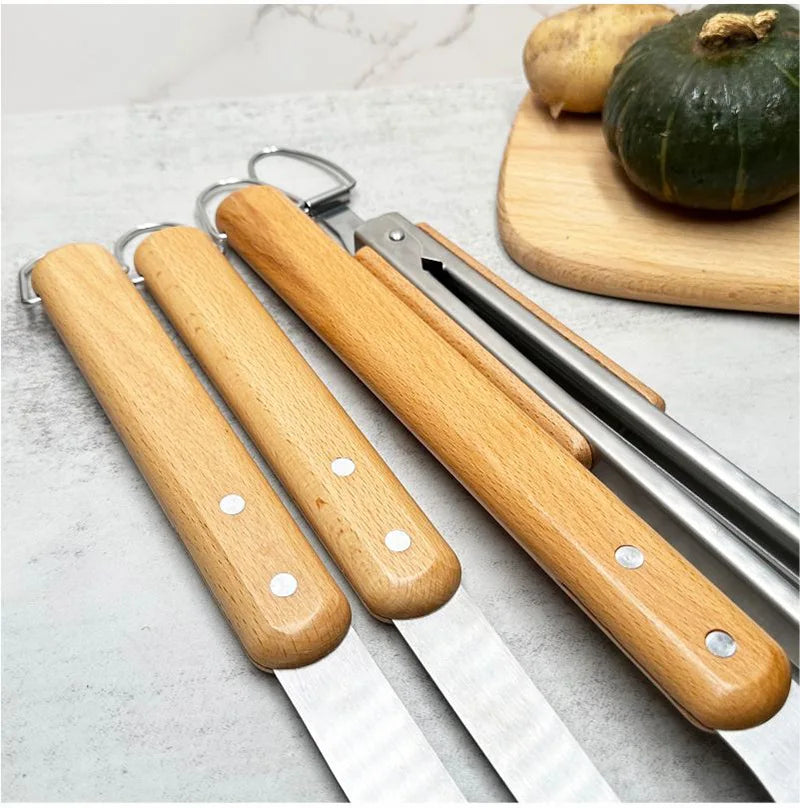 4-Piece Set Stainless Steel Barbecue Tool Set Outdoors BBQ Beech Wood Handle Fork Shovel Clamp Brush Combined Grill