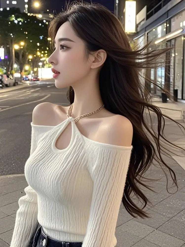 women clothes Spring Autumn Fashion Sexy All-match fashionable Hollow Out Solid color slash neck Female Appear thin Pure Desire