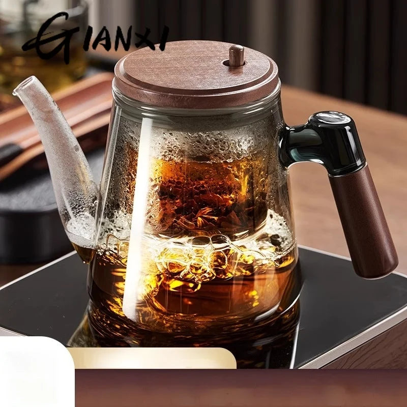 GIANXI Wooden Handle Flowing Teapot Tea Separation Cup Full Glass Inner Bubble Teapot Household Press Filter Tea Set Tea Cup